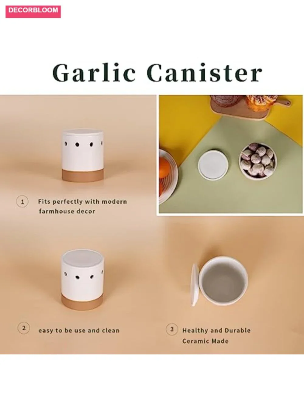 Ceramic Garlic Keeper with Lid, White Round Canister for Countertop Food Storage